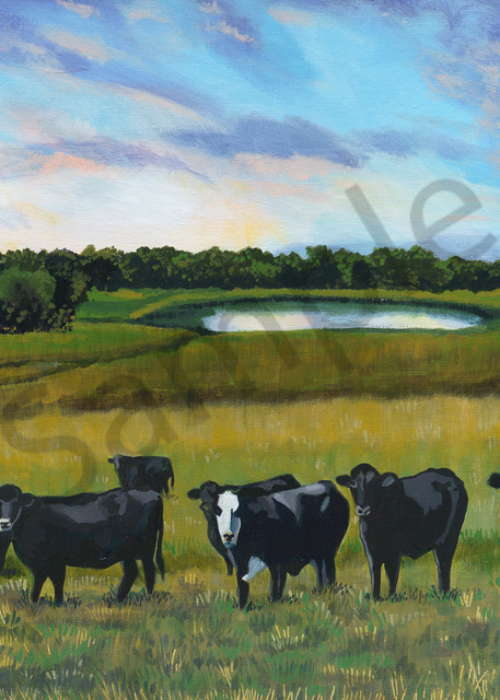 Colorful Texas landscape paintings featuring cattle, hills and ponds,  for purchase as art prints.