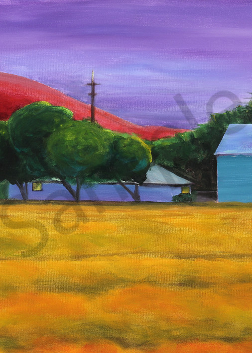 Rolling Hills is an acrylic painting of a golden field in front of blue farm buildings. Art by Susan Kraft