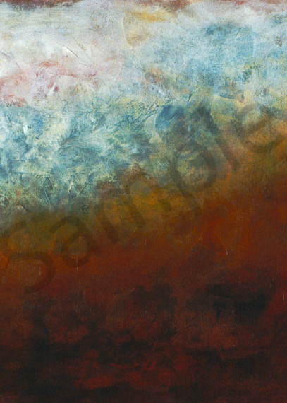 Blue Haze is an acrylic painting in blue, rust, and earth-tones. Art by Susan Kraft