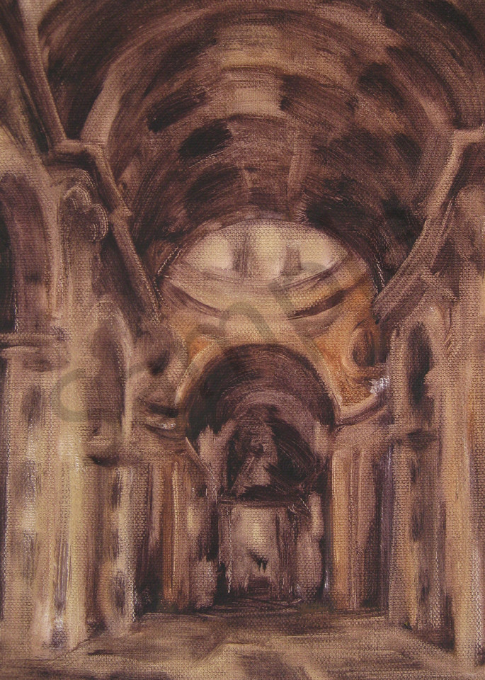 Monochromatic sacred architecture Painting of Saint Peter's Basilica Interior in the Vatican, Rome.  