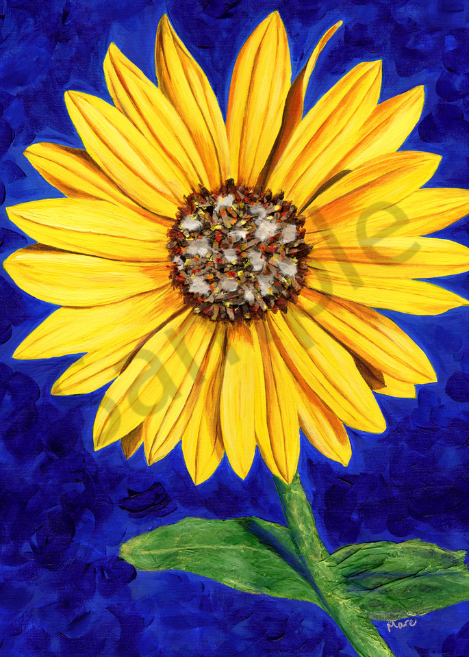 A strong yet delicate bright yellow sassy sunflower stands against a vibrant blue background. Original mixed-media painting by Mary Anne Hjelmfelt.