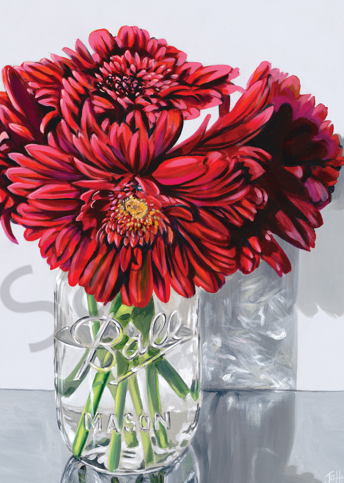 Original painting of red gerber daisies in a mason jar for sale as art prints.