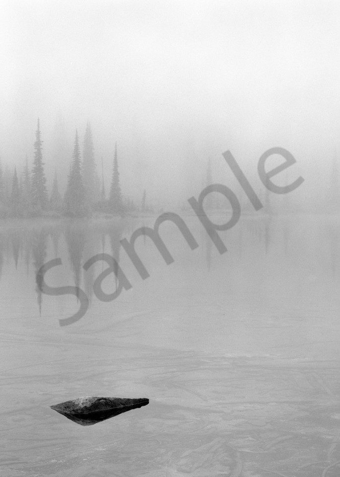 Fog shrouded Louise Lake in Mt. Rainier National Park, Washington