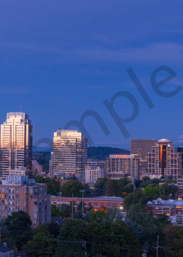 Panoramic view of the Portland skyline and Mt. Hood in the evening, Portland Oregon