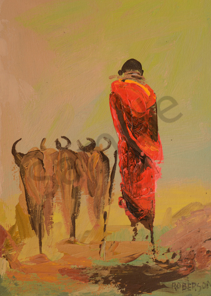 Maasai Cattle Herder At Sunset Art | Mary Roberson