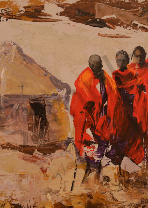 Three Maasai Warriors And Hut  Art | Mary Roberson