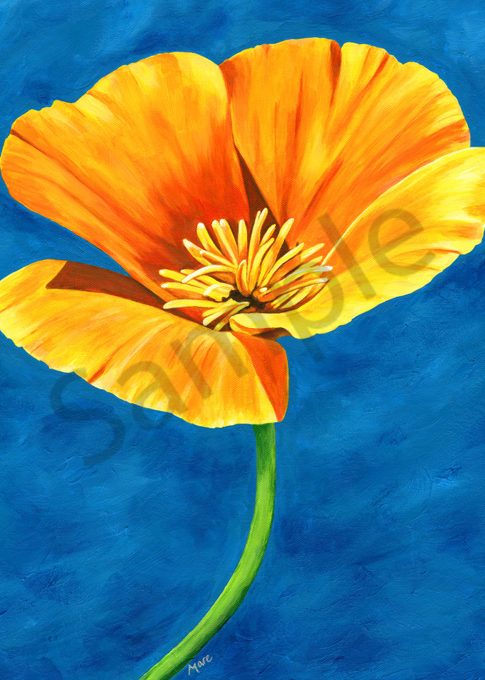 "Radiance" a brightly painted artwork by Mary Anne Hjelmfelt of a gold poppy flower on a blue background.