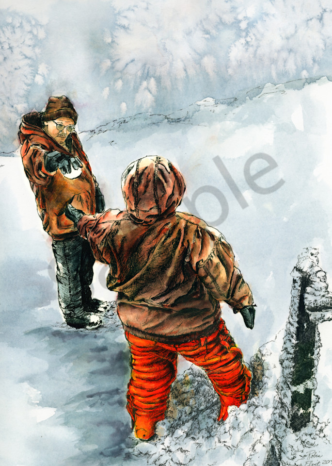 Inked Watercolor Painting - Passing the Snowball