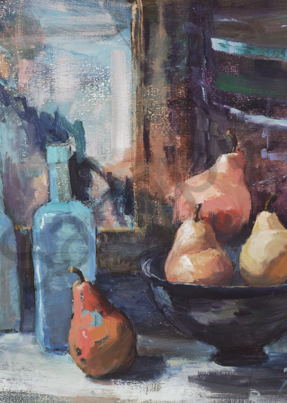 Blue Bottles And Pears Art | Toni Danchik Fine Art