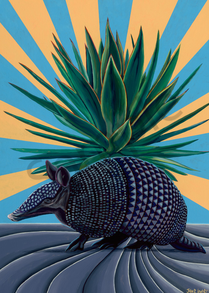 Colorful paintings featuring Texas landscapes and armadillos,  by John R Lowery sold as art prints.