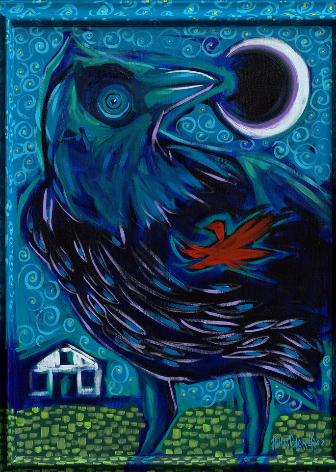 Whimsical landscape and crow paintings by Texas artist, John R. Lowery available as art prints