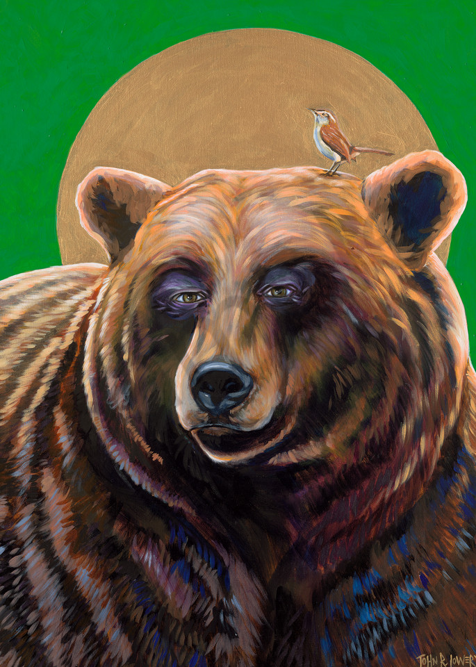 Original painting of a bear with a Saint's halo and a Wren bird on it's shoulder, available as art prints.