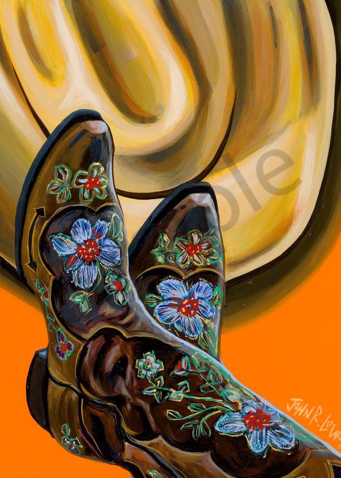 Painting of a pair of cowboy boots and a hat.