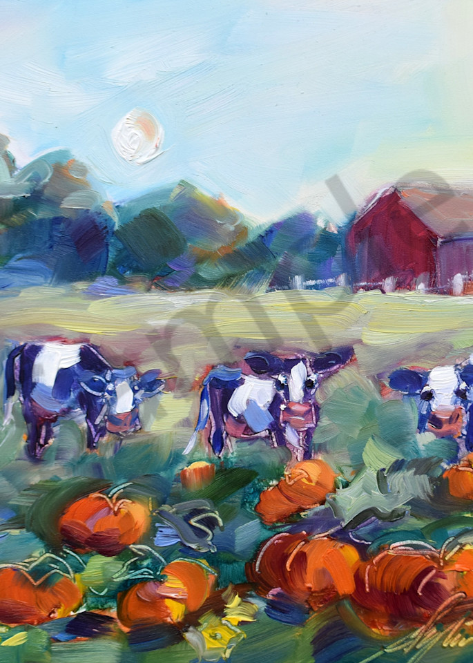 Bovine Pumpkin Time ~ Cows In The Pumpkin Patch Art | Sylvina Rollins Artist