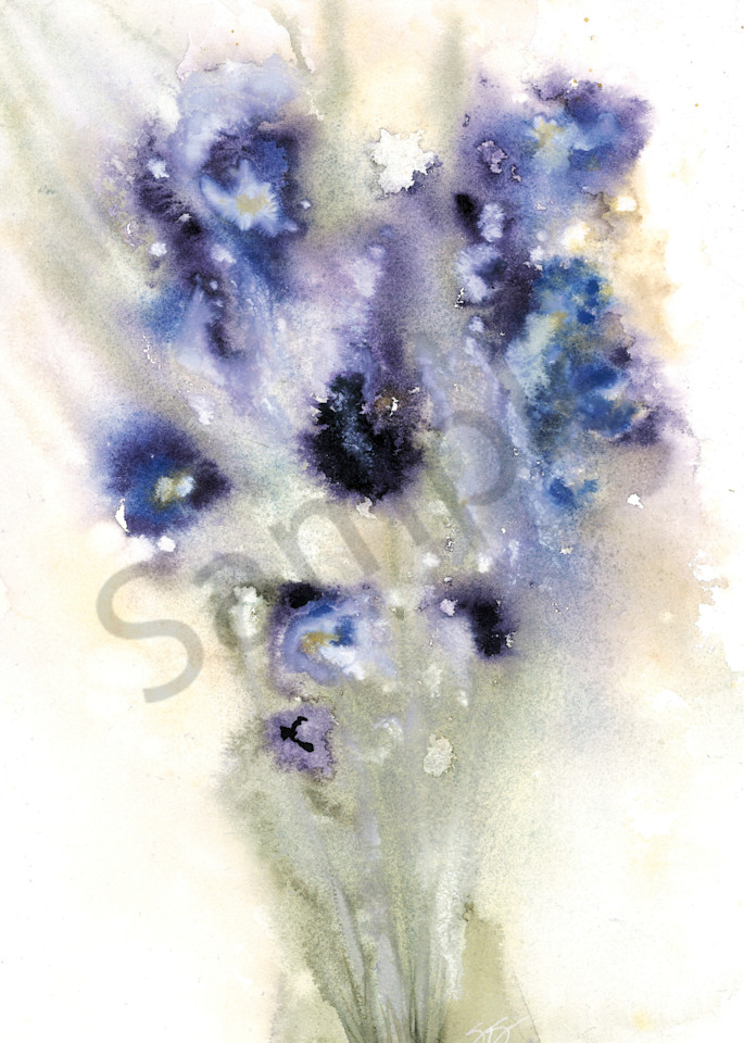 Purple and Blue Abstract Flowers - watercolor painting reproducation