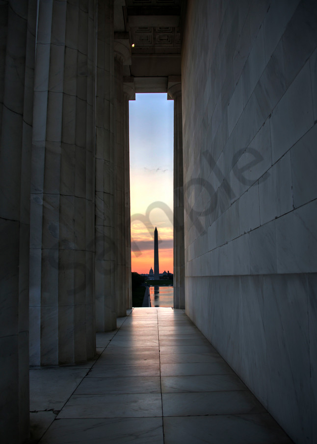 US Capitol and Washington Monument at sunrise from the Lincoln Memorial