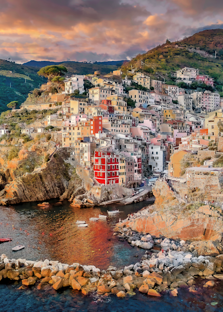 Art Print Riomaggiore Cinque Terre Italy Ligurian Sea and Sunset