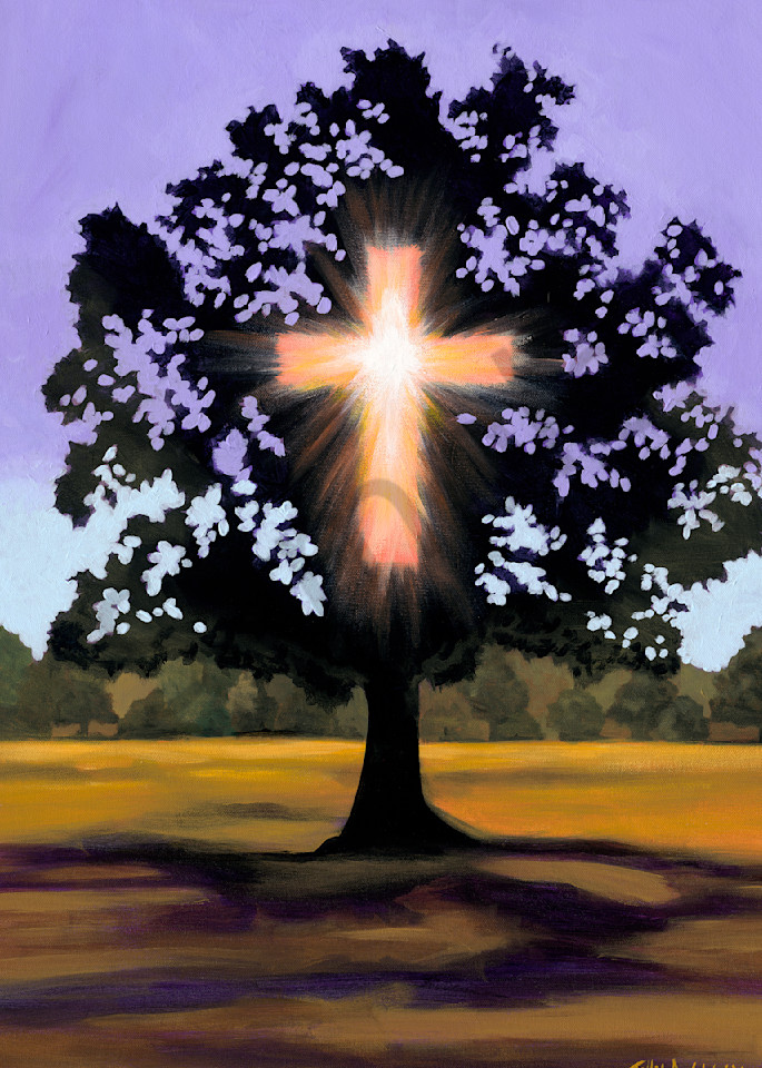 Original painting of a glowing cross in a tree, available as art prints.