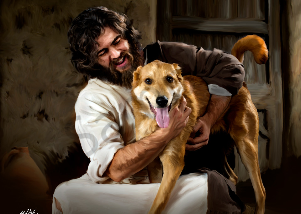 Joyous Jesus interacting with a dog
