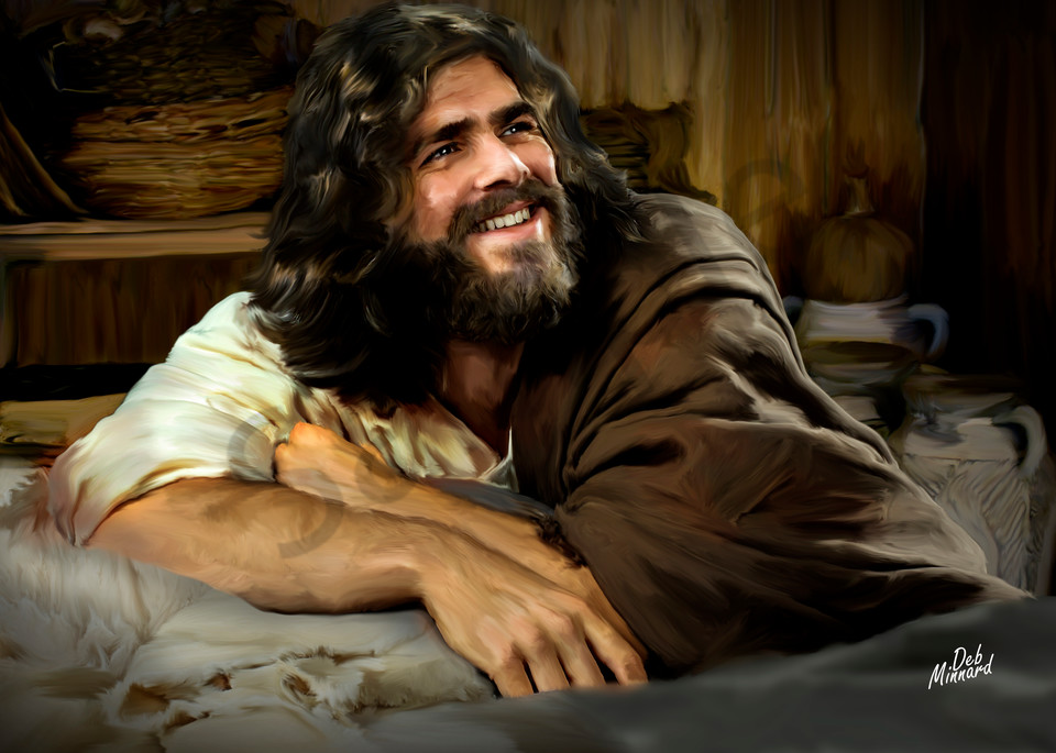 Joyous Jesus reclining at home