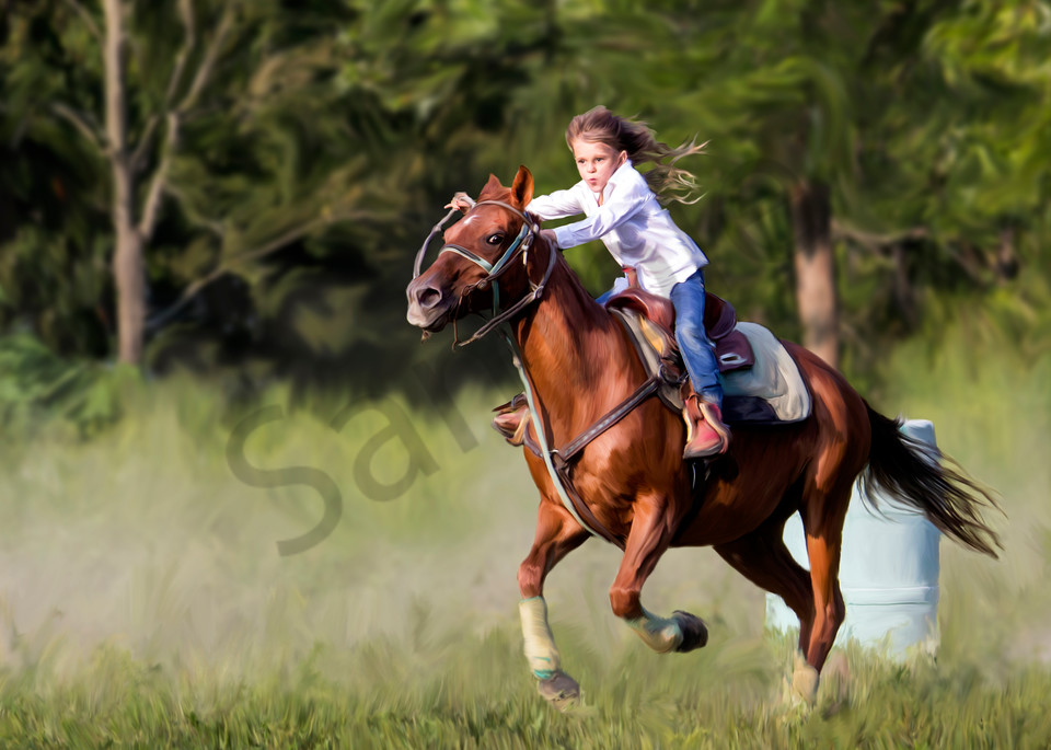  a girl barrel racing her horse, sugar. a digital art painting.