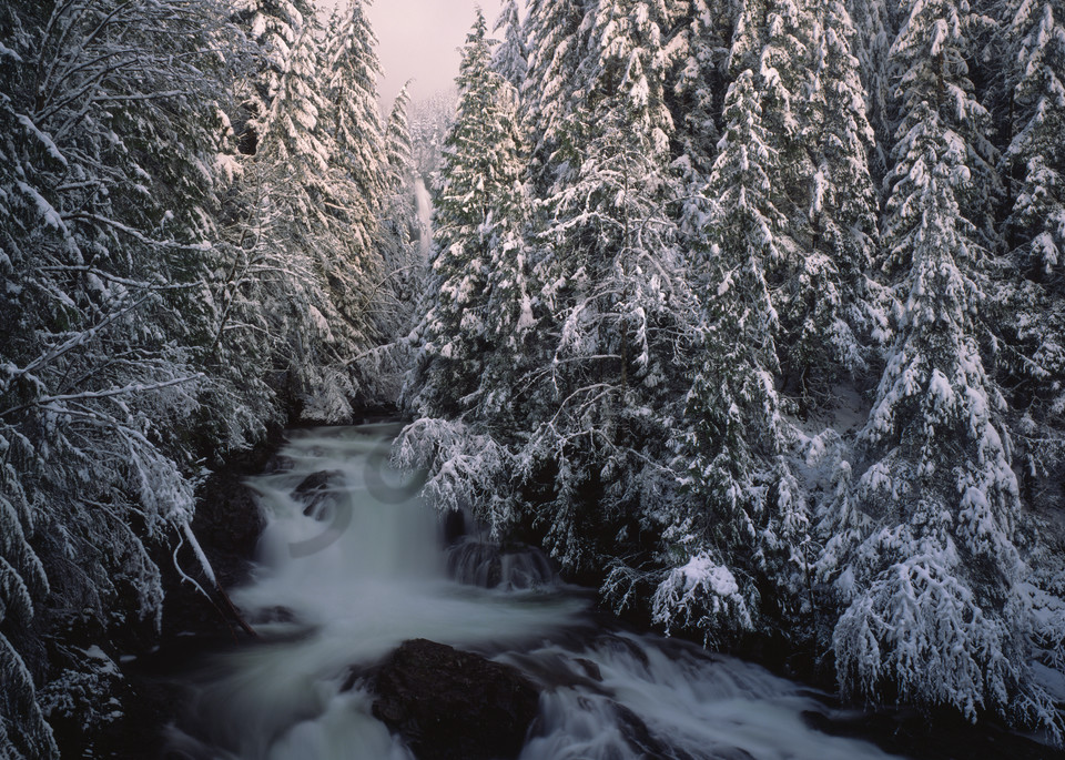 Scenic Wallace Falls surrounded by a snow covered forest