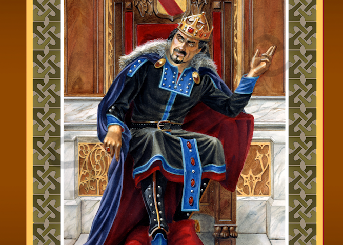 Role playing card game art of King Mark titled False Promise. This beautiful print has a digital Celtic border.