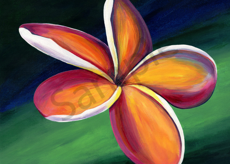 Original acrylic painting on canvas by Mary Anne Hjelmfelt titled Dancing Plumeria.