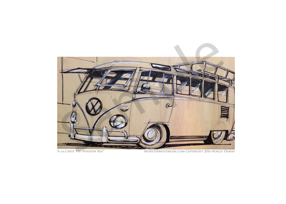Vintage vw camper bus, original art work, drawing