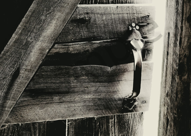 Black & white monochrome photograph of a barn door left slightly ajar, for sale as fine art by Sage & Balm