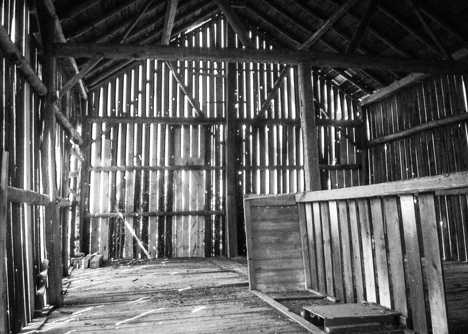 Black & white photograph of light through the interior barn boards of an abandoned rural Ontario barn, for sale as fine art by Sage & Balm