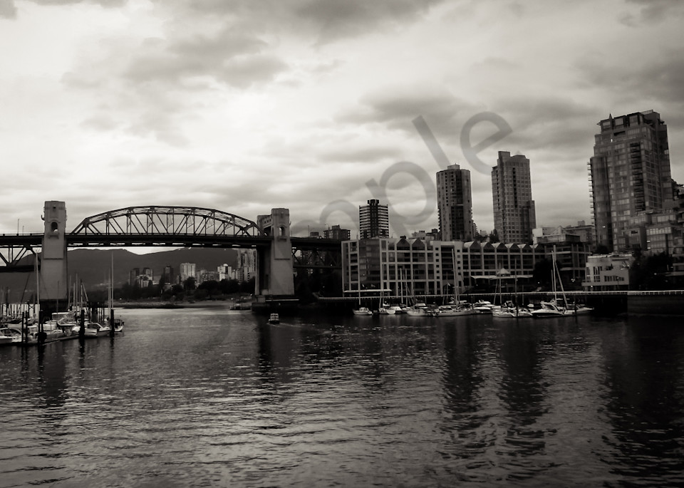 Black & white architectural cityscape photograph of a bridge in Vancouver, for sale as fine art by Sage & Balm
