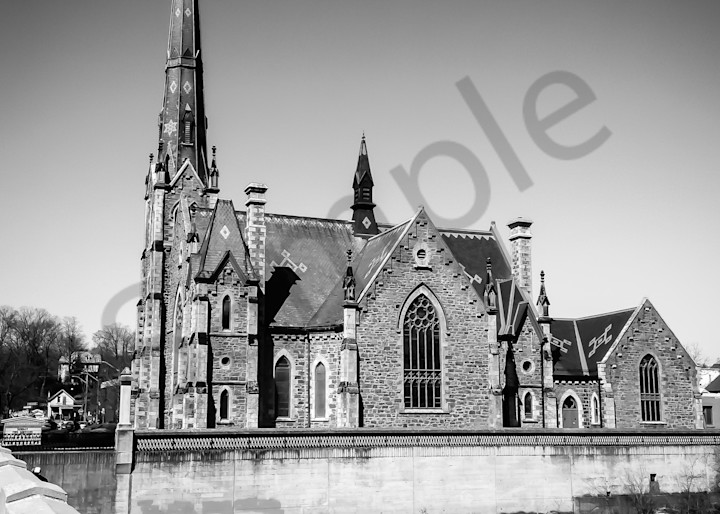 Black & white architectural photograph of the Central Presbyterian church in Cambridge, Ontario, for sale as fine art by Sage & Balm