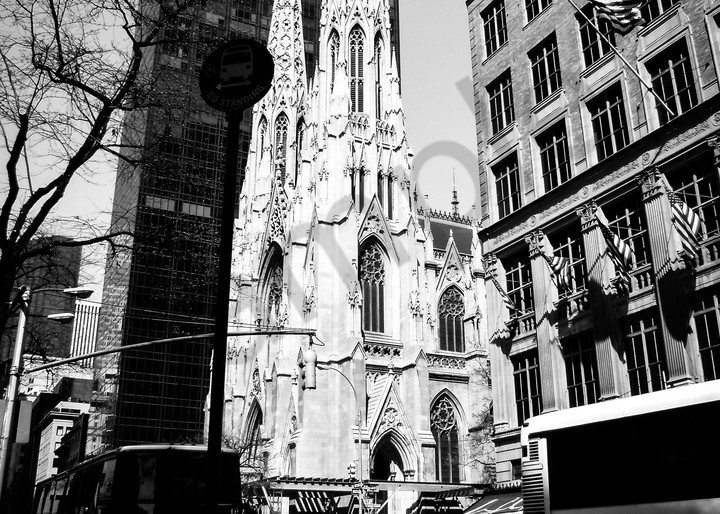 Black & white architectural street photograph of St. Patrick's cathedral in Manhattan, New York, for sale as fine art by Sage & Balm