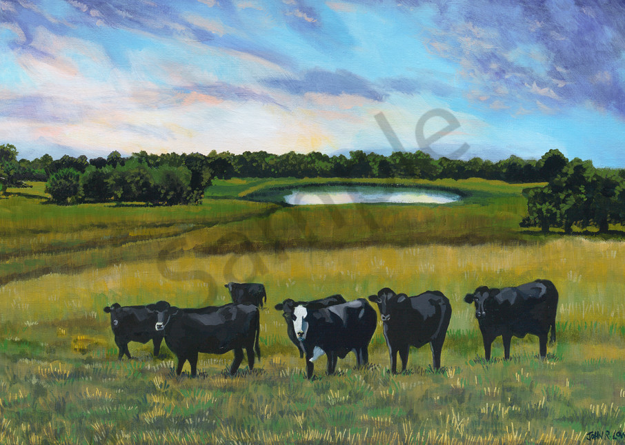 Colorful Texas landscape paintings featuring cattle, hills and ponds,  for purchase as art prints.