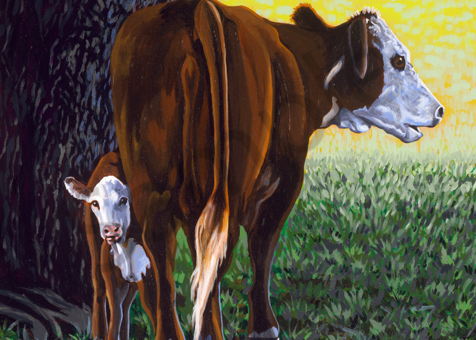 Mother and calf livestock paintings by Texas based artist, John R. Lowery sold as art prints.