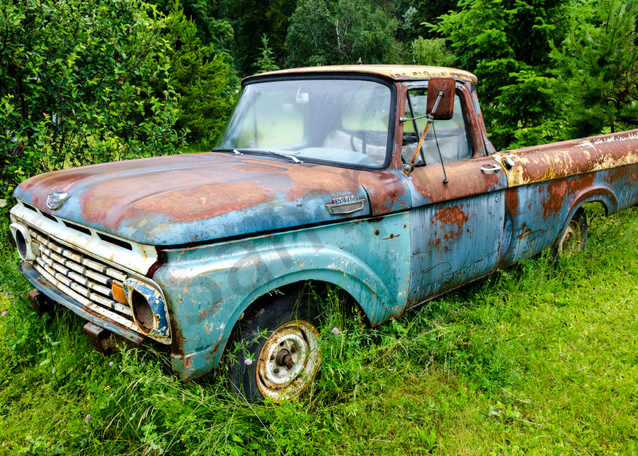 Blue Rusting Ford Classic Pickup Truck In Field Art Photograph