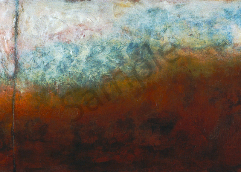 Blue Haze is an acrylic painting in blue, rust, and earth-tones. Art by Susan Kraft