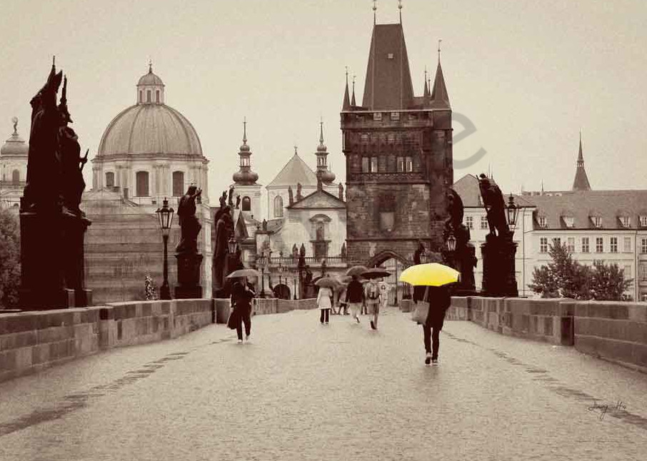 Lady with a Yellow Umbrella on Charles Bridge Prague photograph by Ivy Ho for sale as fine art