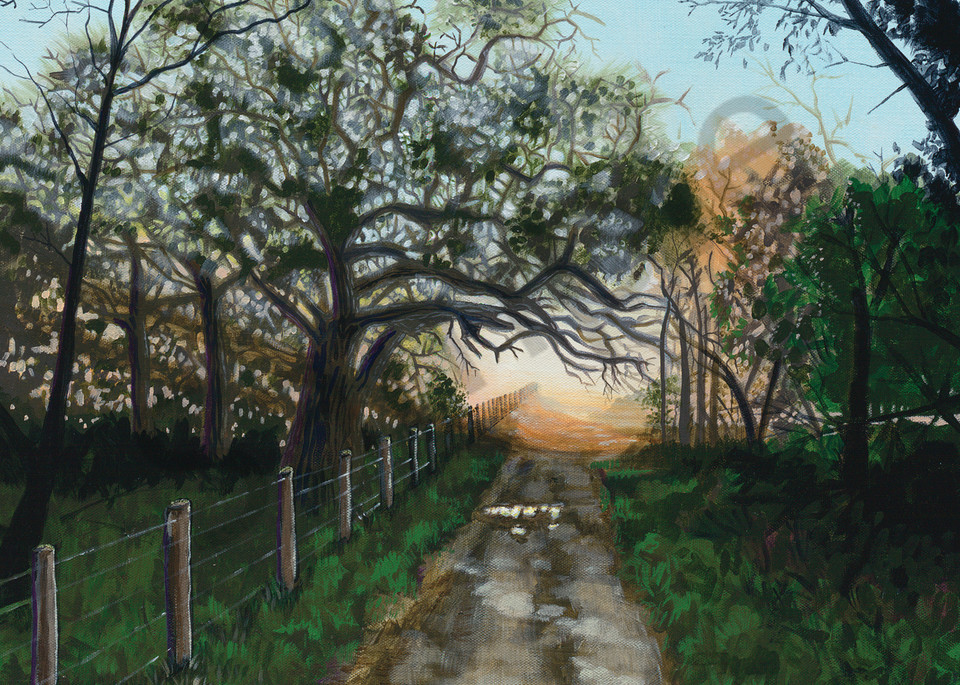 Painting of a sunrise along a dirt road available as art prints.