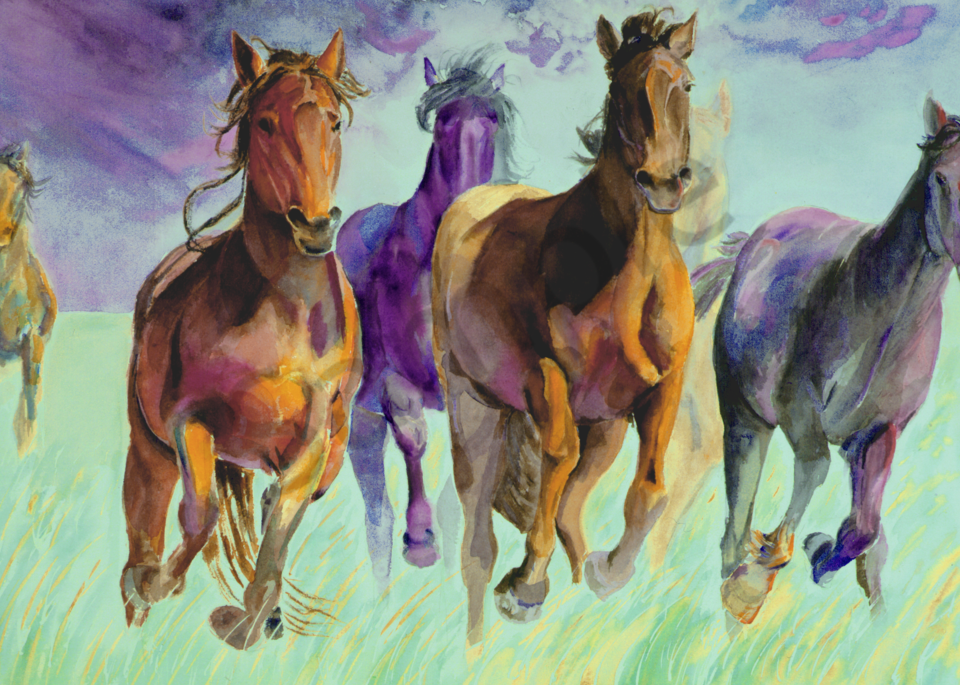 Galloping mustangs watercolor art painted with bright colors - prints by Susan Kraft