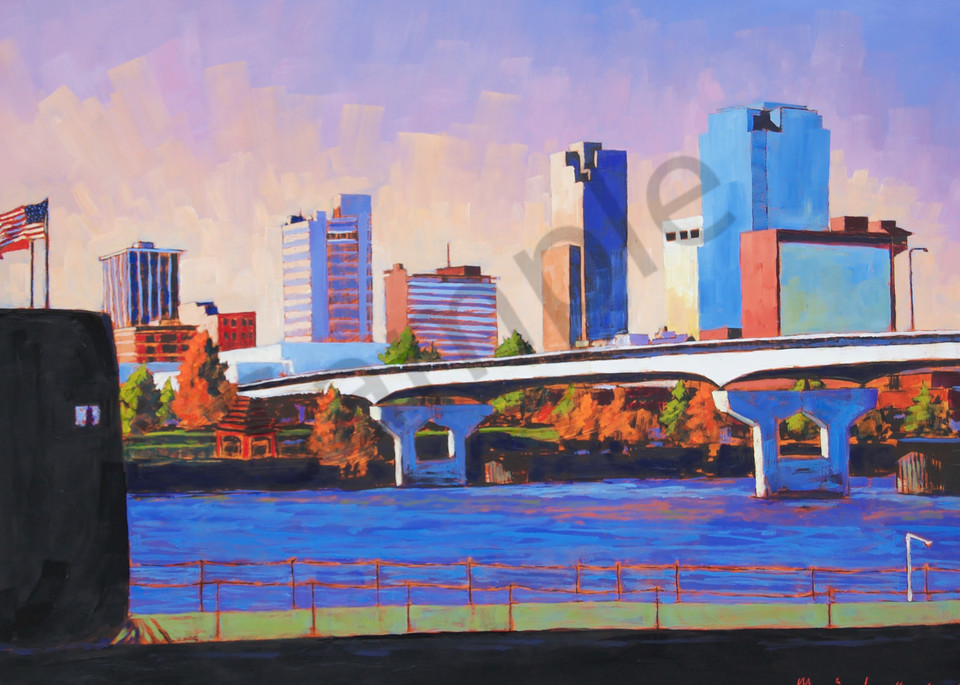 Little Rock Skyline From The USS Razorback, art print from original oil on panel by artist Matt