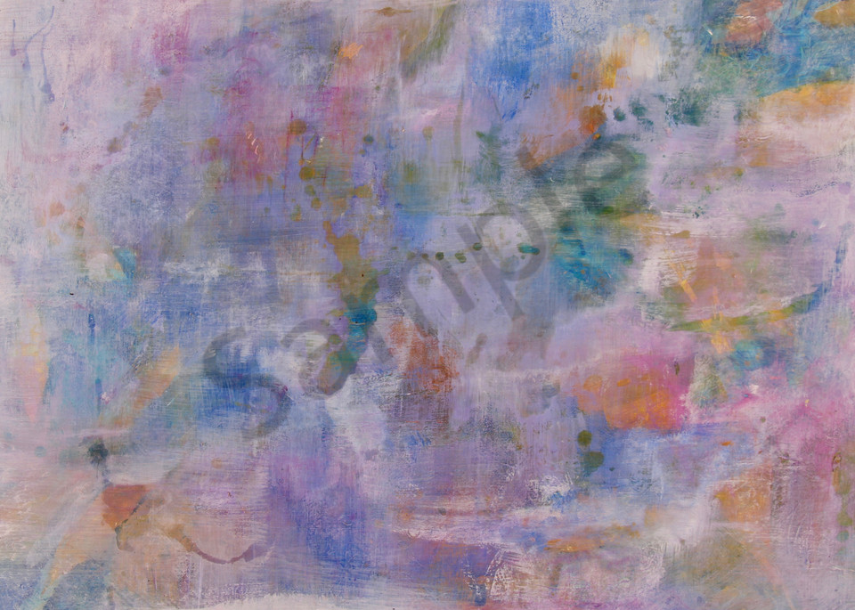 abstract painting with light fluffy strokes that give a cloud texture of rainbow colours. 