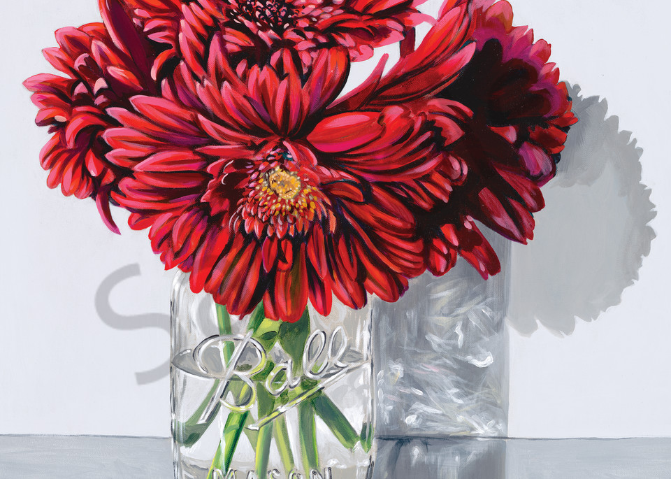 Original painting of red gerber daisies in a mason jar for sale as art prints.