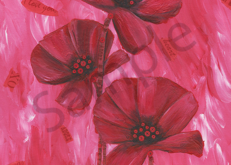 Poppy Love is bursting with reds, brushstrokes, sequins, and tissue paper love notes. Original mixed-media painting by Mary Anne Hjelmfelt.