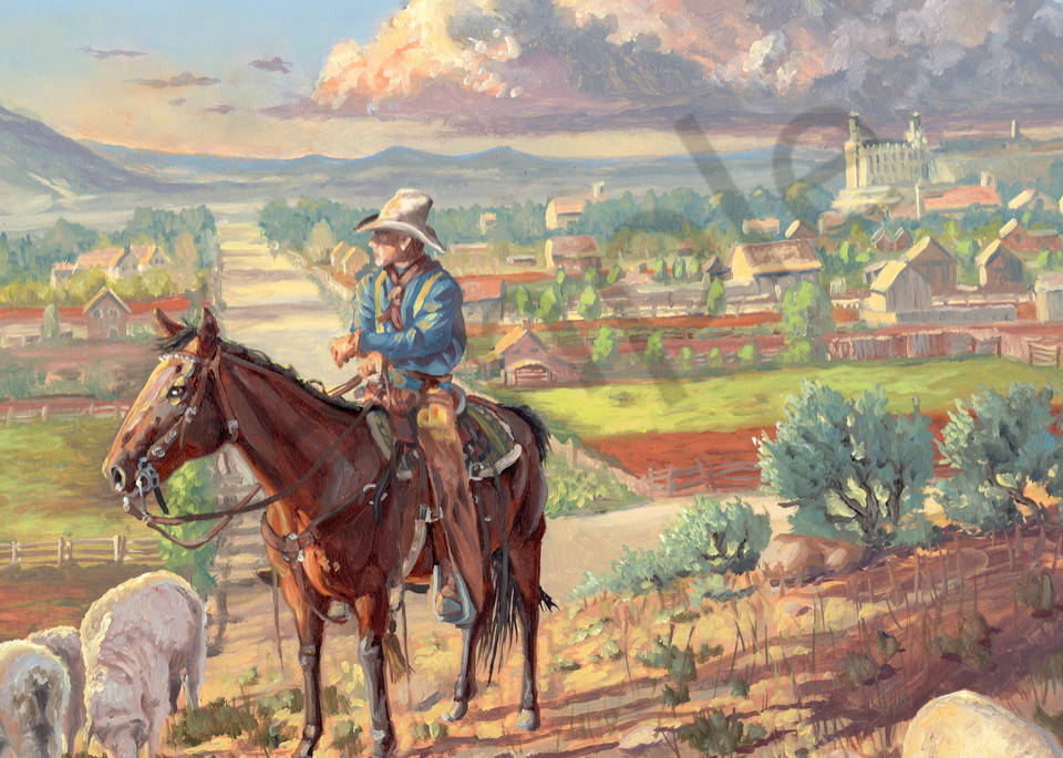 Cowboy herding sheep in historic Manti Utah prints