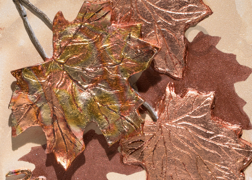 "The Colors of Life III, Autumn" bas relief in metallic plaster and copper gilded leaf fine art for sale.