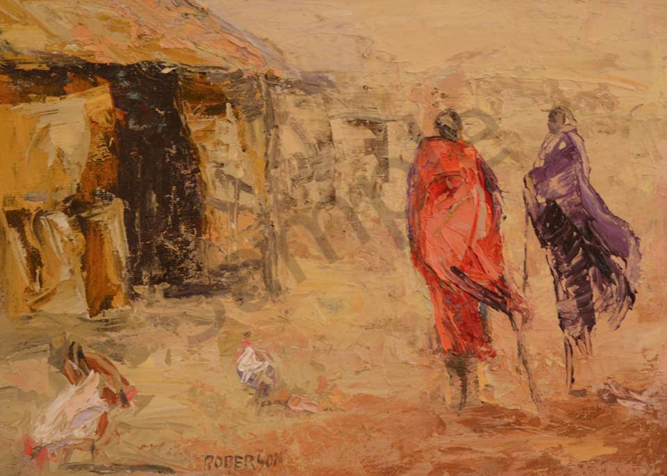 Two Maasai In Village With Chickens  Art | Mary Roberson