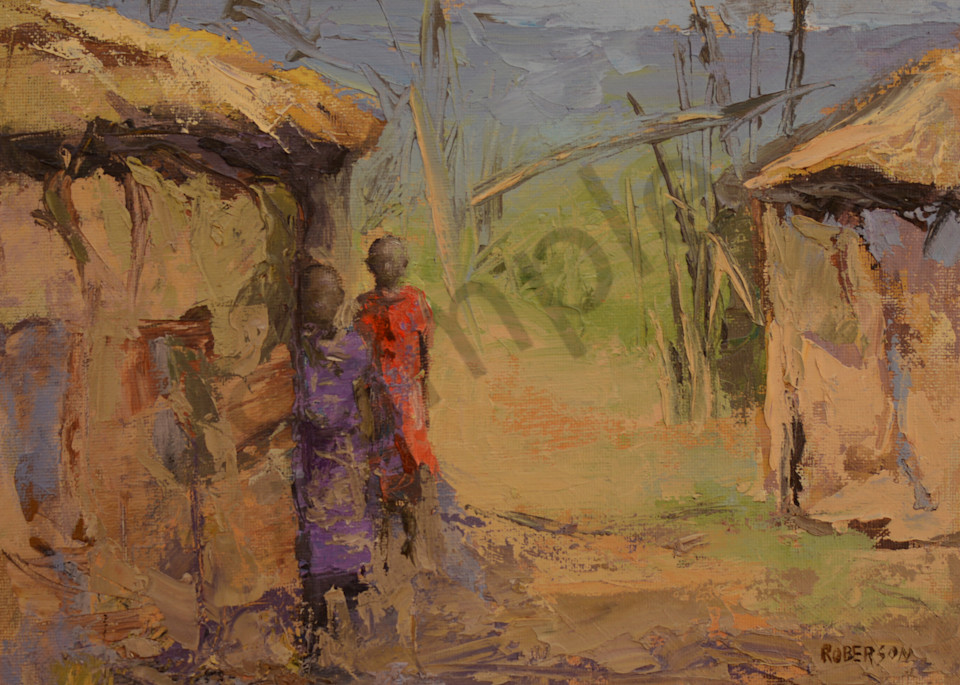 Two Maasai Girls At Hut Door  Art | Mary Roberson