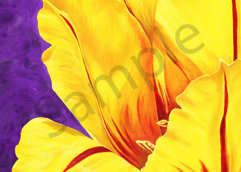 Acrylic painting on canvas of a bright yellow tulip with red stripes against a purple background by Mare's Art.